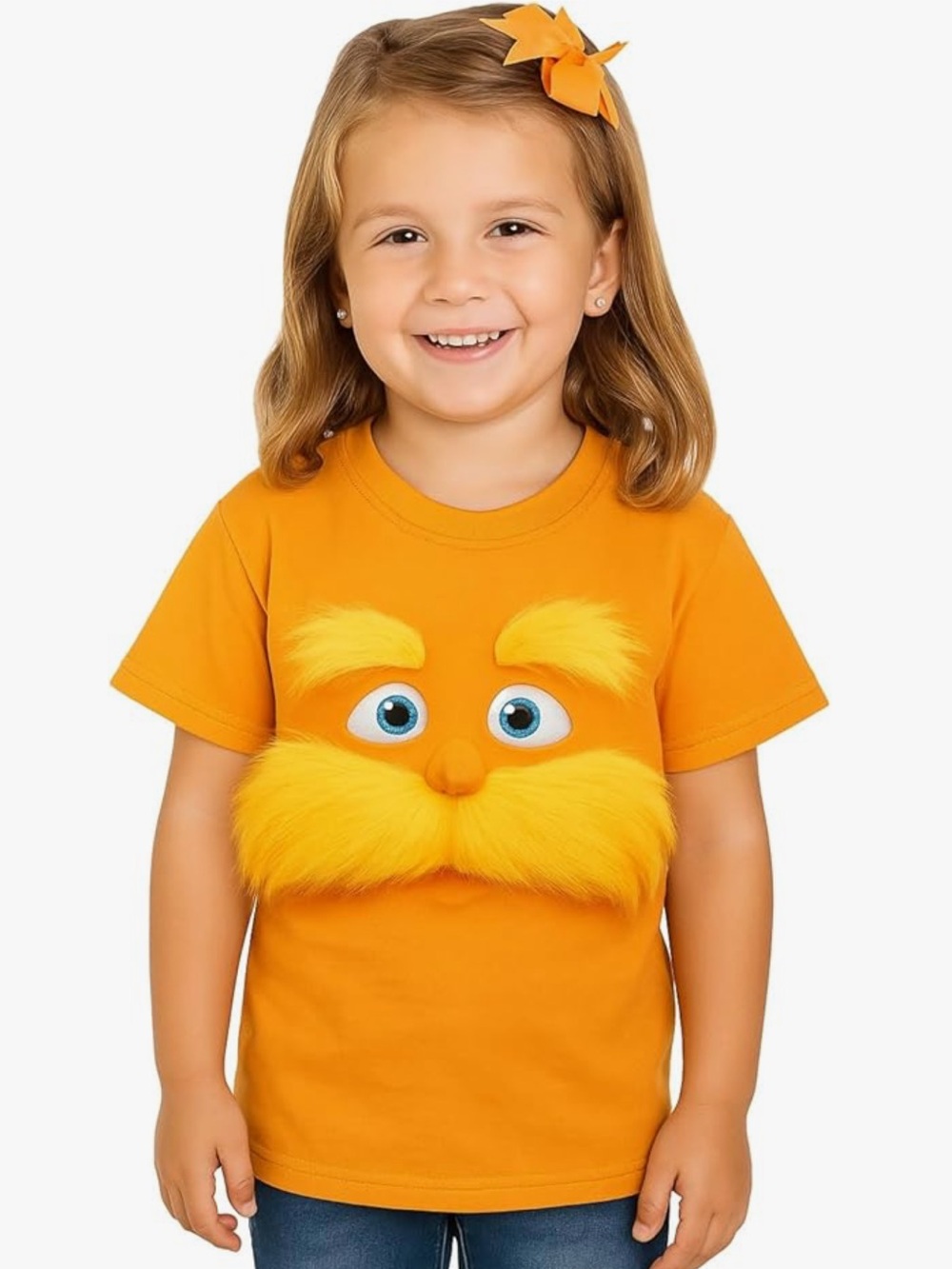 NWOT Lorax Orange Character Tee Fur-Trim Mustache and Eyebrows